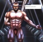  1boy abs bara beard brown_eyes character_name completely_nude dialogue_box facial_hair flaccid highres large_pectorals looking_at_viewer male_focus male_pubic_hair milkentiddies muscular muscular_male navel nipples nude pectorals penis pokemon pokemon_(game) pokemon_sv pubic_hair short_hair solo thick_thighs thighs turo_(pokemon) undercut 