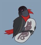  2020 ambiguous_gender avian beak bird body_pillow corvid dakimakura_design dakimakura_pillow feral general-irrelevant glowing glowing_eyes grey_background holding_dakimakura holding_object kerchief looking_at_viewer neckerchief oscine passerine pillow red_eyes red_kerchief red_neckerchief simple_background smile solo 