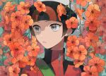  1boy beanie brendan_(pokemon) brown_hair commentary_request flower grey_eyes hat looking_to_the_side male_focus orange_flower parted_lips pokemon pokemon_(game) pokemon_oras shirt short_hair solo strap tight tight_shirt turtleneck upper_body white_headwear yukin_(es) zipper_pull_tab 