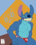  2022 alien anthro anthrofied beach blue_body blue_claws blue_fur blue_nose bulge chubby_male claws disney experiment_(lilo_and_stitch) fur grin head_tuft hi_res lilo_and_stitch male mr.brapion notched_ear seaside sitting smile solo stitch_(lilo_and_stitch) tuft 