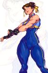  absurdres bangs bare_arms bare_shoulders blue_unitard bow bracelet brown_eyes brown_hair chun-li crop_top double_bun eyebrows_visible_through_hair hair_bow hair_bun hair_ornament hair_ribbon highres jewelry lips looking_at_viewer muscular muscular_female pants ribbon sleeveless smile street_fighter street_fighter_zero_(series) thick_thighs thighs tight tight_pants topsu unitard watermark 