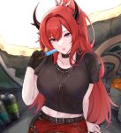  1girl absurdres arknights arm_support bangs belt belt_collar black_choker black_gloves buckle choker collar collarbone cross cross_necklace demon_horns eyebrows_visible_through_hair food garter_straps gloves hair_between_eyes highres holding horns jewelry kanta_(kanta_077) long_hair looking_at_viewer midriff miniskirt navel necklace open_mouth pink_eyes ponytail popsicle red_hair red_skirt ring shirt short_sleeves single_glove sitting skirt solo surtr_(arknights) surtr_(liberte_echec)_(arknights) t-shirt thigh_strap thighs unfinished 