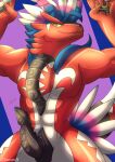  absurd_res anthro erection feathers hi_res koraidon legendary_pok&eacute;mon looking_at_viewer male muscular muscular_anthro muscular_male nintendo pecs pok&eacute;mon pok&eacute;mon_(species) pokemon_scarlet pokemon_violet raised_arm red_body simple_background solo video_games yellow_sclera yunartsn 