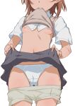  1girl blush breasts brown_hair brown_shorts brown_sweater_vest cameltoe clothes_lift clothes_pull commentary cowboy_shot dress_shirt duplicate from_below grey_skirt head_out_of_frame highres lifted_by_self midriff misaka_mikoto morisobo mouth_hold nipples no_bra no_eyes panties pixel-perfect_duplicate school_uniform self_exposure shiny shiny_skin shirt shirt_lift short_hair short_sleeves shorts shorts_pull shorts_under_skirt simple_background skirt skirt_lift small_breasts solo sweater sweater_lift sweater_vest toaru_kagaku_no_railgun toaru_majutsu_no_index tokiwadai_school_uniform underwear white_background white_panties white_shirt 
