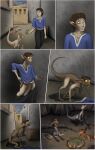  2014 anthro blue_clothing blue_shirt blue_topwear bottomwear brown_body brown_fur brown_hair clothing comic dagger digital_media_(artwork) fur group growth hair hi_res human human_to_anthro male mammal melee_weapon mid_transformation nude out-of-placers outside pants shirt shrinking sitting size_difference size_transformation smile species_transformation standing story story_in_description surprise tail_growth topwear transformation transformation_sequence valsalia weapon webcomic yellow_sclera yinglet 