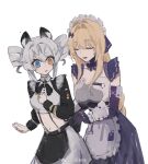  2girls animal_ears bianca_(punishing:_gray_raven) blonde_hair closed_eyes drill_hair helping highres karenina_(punishing:_gray_raven) long_sleeves maid maid_headdress multiple_girls navel open_mouth punishing:_gray_raven ribbon twin_drills white_background white_hair ye_guo_jiaotang_dong 