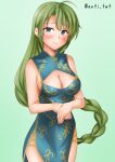  1girl ahoge alternate_costume anti_(untea9) blue_eyes blush braid breasts casual china_dress chinese_clothes cleavage cowboy_shot dress embarrassed gradient gradient_background green_background green_dress green_hair hair_between_eyes highres kantai_collection long_hair looking_at_viewer medium_breasts mole mole_under_mouth pelvic_curtain single_braid sleeveless sleeveless_dress solo twitter_username very_long_hair yuugumo_(kancolle) 