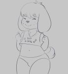  2022 animal_crossing anthro bulge canid canine canis clothing crop_top digby_(animal_crossing) domestic_dog english_text eyes_closed floppy_ears freckles front_view girly grey_background hi_res male mammal monochrome mr-shin nintendo panties pantsless shih_tzu shirt simple_background smile solo tank_top text text_on_clothing text_on_shirt text_on_topwear topwear toy_dog underwear video_games 
