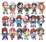  6+boys 6+girls :d arm_up backwards_hat beanie bike_shorts bike_shorts_under_shorts black_hair black_legwear black_pants black_shirt black_vest blonde_hair blue_jacket boots bow_hairband bracelet brendan_(pokemon) bright_pupils brown_eyes brown_hair calem_(pokemon) chibi clenched_hands coat commentary_request dawn_(pokemon) denim denim_shorts elio_(pokemon) ethan_(pokemon) eyelashes eyewear_on_headwear grey_eyes hair_ornament hairband hairclip hat highres hilbert_(pokemon) hilda_(pokemon) hood hood_down hooded_jacket jacket jewelry leaf_(pokemon) leg_up legs_apart legwear_under_shorts long_hair looking_at_viewer loose_socks lucas_(pokemon) lyra_(pokemon) may_(pokemon) multiple_boys multiple_girls nate_(pokemon) one_eye_closed open_clothes open_mouth open_vest overalls pants pantyhose pigeon-toed pink_footwear pink_headwear pleated_skirt pokemon pokemon_(game) pokemon_bw pokemon_bw2 pokemon_dppt pokemon_frlg pokemon_hgss pokemon_oras pokemon_platinum pokemon_sm pokemon_usum pokemon_xy raglan_sleeves red_(pokemon) red_coat red_footwear red_headwear red_jacket red_shirt rosa_(pokemon) scarf selene_(pokemon) serena_(pokemon) shirt shoes short_sleeves shorts skirt sleeveless sleeveless_shirt smile sneakers standing sunglasses thighhighs vest visor_cap white_background white_headwear white_legwear white_pupils white_scarf white_shirt wristband yellow_shorts yukin_(es) zipper_pull_tab 