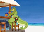  absurd_res alligator alligatorid anthro beach beverage bikini breasts butt clothed clothing crocodilian digital_media_(artwork) drinking ediblecrustables english_text female furniture halftone hi_res looking_at_viewer looking_back outside pattern_clothing reptile sand scalie sea seaside shaded sitting sky smile solo stool sunny swimwear teeth text water 