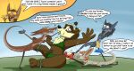  2017 anthro badger brown_body brown_fur dialogue digital_media_(artwork) english_text female force_feeding forced fur group mammal mustelid musteline open_mouth out-of-placers outside sitting smile text valsalia webcomic yinglet 