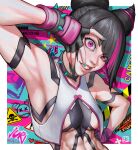  1girl abs absurdres ai_shou armpits bangs bracelet breasts capcom cleavage drill_hair graffiti grin han_juri highres jewelry large_breasts logo looking_at_viewer multicolored_hair smile solo spiked_bracelet spikes street_fighter street_fighter_6 toned twin_drills underboob 