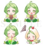  +_+ 1girl :d =_= ahoge bangs bendy_straw blush blush_stickers bow braid braided_bangs brown_capelet capelet cherry chibi closed_eyes closed_mouth copyright_request dress drink drinking_straw food forehead frilled_dress frills fruit green_dress green_eyes green_hair green_skirt highres hood hood_down hood_up hooded_capelet ittokyu long_sleeves multiple_views official_art parted_bangs polka_dot_skirt puffy_long_sleeves puffy_sleeves red_bow sample_watermark see-through see-through_sleeves simple_background sitting skirt smile squiggle striped striped_bow virtual_youtuber white_background 