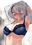  1girl absurdres armpits arms_up bangs blue_bra blue_eyes blush bra breasts cleavage clothes_lift commentary constricted_pupils embarrassed eyebrows_visible_through_hair frown girls_und_panzer grey_hair grey_shirt highres itsumi_erika lace-trimmed_bra lace_trim large_breasts lifted_by_self looking_at_viewer medium_hair shirt shirt_lift solo sweat toku_(yhpv8752) translated underwear undressing upper_body 