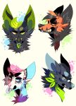  abstract_background ambiguous_gender big_ears black_body black_ears black_fur blep blue_body blue_eyes blue_fur blue_nose blue_sclera blue_tongue brown_body brown_fur cheek_tuft ears_back facial_tuft fangs front_view fur glistening glistening_eyes green_eyes green_hair green_inner_ear green_kerchief green_neckerchief green_tongue grey_ears grey_hair grey_inner_ear_fluff grey_nose grin hair half-closed_eyes headshot_portrait hi_res horn inner_ear_fluff kerchief multiple_images narrowed_eyes neck_tuft neckerchief orange_body orange_ears orange_fur orange_hair orange_sclera pink_hair pivoted_ears portrait princelykaden purple_body purple_fur red_eyes side_view smile solo tongue tongue_out tuft 