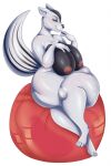  2022 anthro areola big_breasts black_breasts blush breasts crossed_legs eyelashes female fur hand_on_breast hi_res huge_breasts huge_hips huge_thighs mammal mephitid nipples nude penni-chan69 skunk solo thick_thighs white_body white_fur wide_hips yellow_eyes 