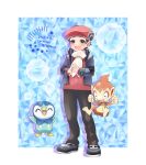  1boy :d artist_name beret black_hair blush border chimchar cocoloco dated grey_eyes hat jacket lucas_(pokemon) male_focus open_clothes open_jacket open_mouth own_hands_together pants piplup poke_ball_print pokemon pokemon_(creature) pokemon_(game) pokemon_dppt pokemon_platinum red_shirt scarf shirt shoes short_hair smile standing twitter_username white_border white_scarf 