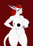  absurd_res anthro big_breasts breast_grab breasts claws dragon fangs female genitals hair hand_on_breast hi_res karnator open_mouth open_smile pink_eyes pussy red_hair smile solo white_body 