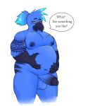  anthro avian balls beak belly belly_grab belly_squish big_belly bird claws genitals hair male musclegut muscular nipples pecs penis playful ponytail seductive solo solo_focus squish teasing thick_thighs unholy_butterfly 