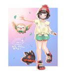  1girl bare_legs beanie bracelet cocoloco commentary_request falling_leaves floral_print full_body green_shorts grin hand_up hat jewelry knees leaf leg_up litten one_eye_closed pokemon pokemon_(creature) pokemon_(game) pokemon_sm red_headwear rowlet selene_(pokemon) shiny shiny_hair shirt shoes short_shorts short_sleeves shorts smile sneakers t-shirt teeth tied_shirt z-ring 