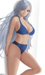  absurdres bangs bare_arms bikini blue_bikini breasts cleavage closed_mouth genshin_impact green_eyes grey_hair halterneck highres large_breasts long_hair looking_at_viewer o-ring o-ring_bikini shenhe_(genshin_impact) stomach swimsuit thighs twitter_username very_long_hair zaphn 