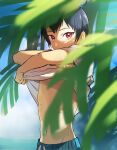  1boy bangs black_hair blue_male_underwear blurry brendan_(pokemon) clothes_lift commentary_request day highres leaf lifted_by_self looking_at_viewer male_focus male_swimwear male_underwear navel outdoors pokemon pokemon_adventures red_eyes shirt shirt_lift short_hair short_sleeves solo sweat t-shirt underwear undressing white_shirt yukin_(es) 