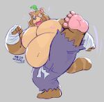  2022 anthro belly big_belly bottomwear brown_body canid canine clothing feet hi_res humanoid_hands leaf male mammal megawaffle_(artist) moobs navel nipples overweight overweight_male pants raccoon_dog simple_background solo tanuki 