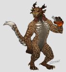  2022 4_ears 4_horns biped blue_eyes bottle brown_body brown_fur charr claws dewclaw digital_media_(artwork) fangs felid female finger_claws flat_chested fur genitals grey_body grey_fur guild_wars hair hi_res holding_bottle holding_object horn mammal multi_ear multi_horn pussy red_hair simple_background solo toe_claws video_games white_background white_body white_fur zimabel 