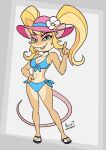  activision anthro bikini blonde_hair breasts cleavage clothed clothing crash_bandicoot_(series) crash_team_racing_(series) eyeshadow flower_in_hat footwear fur green_eyes hair hat headgear headwear hi_res kevintrentin lipstick makeup pasadena_o&#039;possum paws pigtails sandals scarf shoes summer sun_hat swimwear thick_thighs tight_clothing video_games 