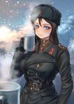  1girl bangs belt black_belt black_coat black_gloves black_hair black_headwear blue_eyes brown_shirt closed_mouth coat coffee_mug commentary cup epaulettes fur_hat girls_und_panzer gloves hammer_and_sickle hat highres holding holding_cup long_hair looking_at_viewer military mug nonna_(girls_und_panzer) out_of_frame outdoors pov shirt smile snowing solo_focus soviet soviet_army standing steam sunrise swept_bangs tigern_(tigern28502735) trench_coat turtleneck ushanka world_war_ii 