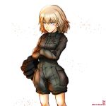  1girl artist_logo bangs black_gloves black_headwear blonde_hair blue_eyes bob_cut commentary cowboy_shot crossed_arms dated eyebrows_visible_through_hair frown girls_und_panzer gloves green_jumpsuit headwear_removed helmet helmet_removed holding holding_helmet jumpsuit katyusha_(girls_und_panzer) long_sleeves looking_to_the_side military military_uniform nishi_itsumi open_mouth pravda_military_uniform short_hair short_jumpsuit simple_background solo tank_helmet uniform white_background 