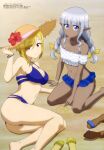  2girls absurdres bikini blonde_hair blue_eyes braid breasts brown_eyes character_request cleavage dark-skinned_female dark_skin grey_hair hat highres karla_(kono_healer_mendokusai) kono_healer_mendokusai looking_at_viewer lying megami_magazine multiple_girls official_art pointy_ears short_hair sitting swimsuit thong 