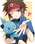  1boy blowing_kiss blue_jacket bodysuit bodysuit_under_clothes border bracelet brown_eyes brown_hair commentary_request dewott heart highres holding holding_pokemon jacket jewelry looking_at_viewer male_focus nate_(pokemon) outside_border pokemon pokemon_(creature) pokemon_adventures red_headwear short_hair visor_cap white_border yellow_background yukin_(es) zipper_pull_tab 