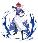  1boy absurdres apron aqua_pupils aura black_footwear collarbone frills glint hair_between_eyes highres holding holding_knife kitchen_knife knife male_focus parted_lips red_hair shokugeki_no_souma sleeves_rolled_up smile solo standing tachi-e xinzhibifang yellow_eyes yukihira_souma 