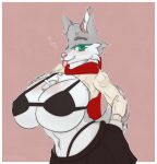  absurd_res anthro big_breasts bottomwear bra breasts canid canine canis clothed clothing container cup female hand_on_breast hand_on_butt hi_res inner_ear_fluff mammal neck_tuft partially_clothed scarf shimon_(artist) skirt solo straw tongue tongue_out tuft underwear wolf wolf_wolfindeir 