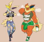  anthro athletic athletic_anthro athletic_male big_bulge big_pecs boots bottomwear bulge clothing crotch_tuft duo ear_piercing eeveelution eyes_mostly_closed flareon footwear gym_clothing hi_res huge_bulge jacket jinti_(artist) jolteon long_tongue male muscular muscular_anthro muscular_male narrowed_eyes neck_tuft nintendo orange_body pants pecs piercing pok&eacute;mon pok&eacute;mon_(species) shoes smile sneakers thick_thighs tongue tongue_piercing topwear torn_bottomwear torn_clothing torn_pants torn_topwear tuft video_games yellow_body 