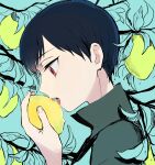  1boy bangs black_hair brendan_(pokemon) commentary_request food from_side fruit hand_up highres holding holding_food holding_fruit lemon licking looking_down male_focus open_mouth pokemon pokemon_adventures popped_collar red_eyes shirt short_hair sketch solo teeth tongue upper_body upper_teeth yukin_(es) 
