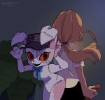  2girls animal_costume animal_ears back-to-back blonde_hair bow bowtie dual_persona five_nights_at_freddy&#039;s five_nights_at_freddy&#039;s:_security_breach hat highres medium_hair multiple_girls ponytail rabbit_costume rabbit_ears red_eyes security_guard smile vanessa_(fnaf) vanny_(fnaf) 