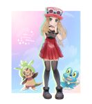  1girl arm_behind_back artist_name black_footwear blush border bracelet chespin cocoloco collared_shirt commentary_request dated eyewear_on_headwear froakie grin hand_up hat high-waist_skirt jewelry long_hair mega_ring pink_headwear pokemon pokemon_(creature) pokemon_(game) pokemon_xy red_skirt serena_(pokemon) shirt shoes skirt sleeveless sleeveless_shirt smile star_(symbol) sunglasses teeth thighhighs twitter_username white-framed_eyewear white_border 