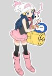  ! 1girl alternate_color bag beanie black_hair black_legwear black_shirt blush boots bracelet commentary_request dawn_(pokemon) duffel_bag eyelashes grey_background hair_ornament hairclip hat highres in_bag in_container jewelry long_hair outline pachirisu parted_lips pink_footwear pink_skirt piplup poke_ball_print pokemon pokemon_(creature) pokemon_(game) pokemon_dppt shiny_pokemon shirt skirt sleeveless sleeveless_shirt standing sweatdrop white_headwear yellow_bag yukin_(es) 