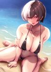  1girl :p bangs barefoot beach bikini black_bikini blush breasts cleavage collarbone commentary_request commission eyebrows_visible_through_hair highres large_breasts looking_at_viewer original outdoors pink_eyes saboten_teishoku short_hair side-tie_bikini sideboob sitting skeb_commission smile swimsuit thighs tongue tongue_out wariza water 