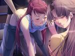  2girls alea arm_support asao_ren bent_over blush brown_hair classroom closed_eyes clothed_sex denim doggystyle game_cg ino jeans jpeg_artifacts long_hair multiple_girls niimi_saya open_mouth panties pants pants_pull panty_pull ponytail red_hair sex striped torso_grab underwear 