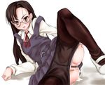  angry blush brown_eyes brown_hair censored cum cum_in_pussy glasses hitoriga long_hair lying panties pantyhose pantyhose_pull pussy scharfschutze shirakawa_sumire solo spread_legs tears underwear 