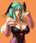  bad_id bad_pixiv_id breasts cleavage cum cum_on_body cum_on_breasts cum_on_upper_body facial green_eyes green_hair head_wings huge_breasts kurohachi long_hair morrigan_aensland nail_polish one_eye_closed pantyhose purple_nails solo spandex vampire_(game) 