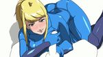  1girl animated animated_gif blonde_hair blush bodysuit breasts caressing_testicles derivative_work handjob hetero huge_breasts long_hair metroid penis ponytail pov samus_aran shadow smile solo_focus testicles third-party_edit zero_suit 