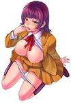  artist_request blush breasts brown_eyes copyright_request highres kneeling large_breasts licking open_clothes open_shirt panties panty_pull purple_hair pussy_juice school_uniform shirt shirt_lift short_hair socks solo tongue underwear 