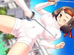  bandana blush breasts brown_hair cameltoe clitoris covered_navel covered_nipples erect_clitoris fencing game_cg hairband jpeg_artifacts large_breasts leotard one_eye_closed orange_eyes original see-through skin_tight solo sweat tanuki_yousuke tight 