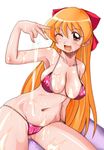  armpits bikini breasts brown_eyes bukkake cameltoe covered_nipples cum hair_ribbon hirokawa_kouichirou large_breasts long_hair one_eye_closed orange_hair pani_poni_dash! ribbon shiratori_suzune sitting smile solo swimsuit 