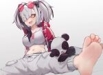  1girl alternate_costume arknights bangs barefoot black_hair blurry blurry_foreground breasts cleavage collarbone cropped_jacket english_commentary eyewear_on_head feater_(arknights) feet foot_out_of_frame foreshortening grey_background grey_hair grey_pants hair_over_one_eye highres jacket k-rha&#039;s large_breasts leaning_back long_sleeves looking_at_viewer midriff multicolored_hair panda pants red_jacket sidelocks soles sports_bra spread_legs streaked_hair sweatdrop sweatpants thick_eyebrows toes twintails yellow_eyes 
