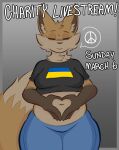  &lt;3 2022 anthro belly_overhang brown_body brown_fur canid canine clothed clothing crop_top denim denim_clothing digital_drawing_(artwork) digital_media_(artwork) ear_tuft english_text eyes_closed female fox fur mammal navel overweight overweight_female peace_symbol prick_ears russo-ukrainian_war shirt slightly_chubby smile solo tan_body tan_fur text thick_thighs topwear trisha_fox_(zzx) tuft ukrainian_flag wide_hips zzx 